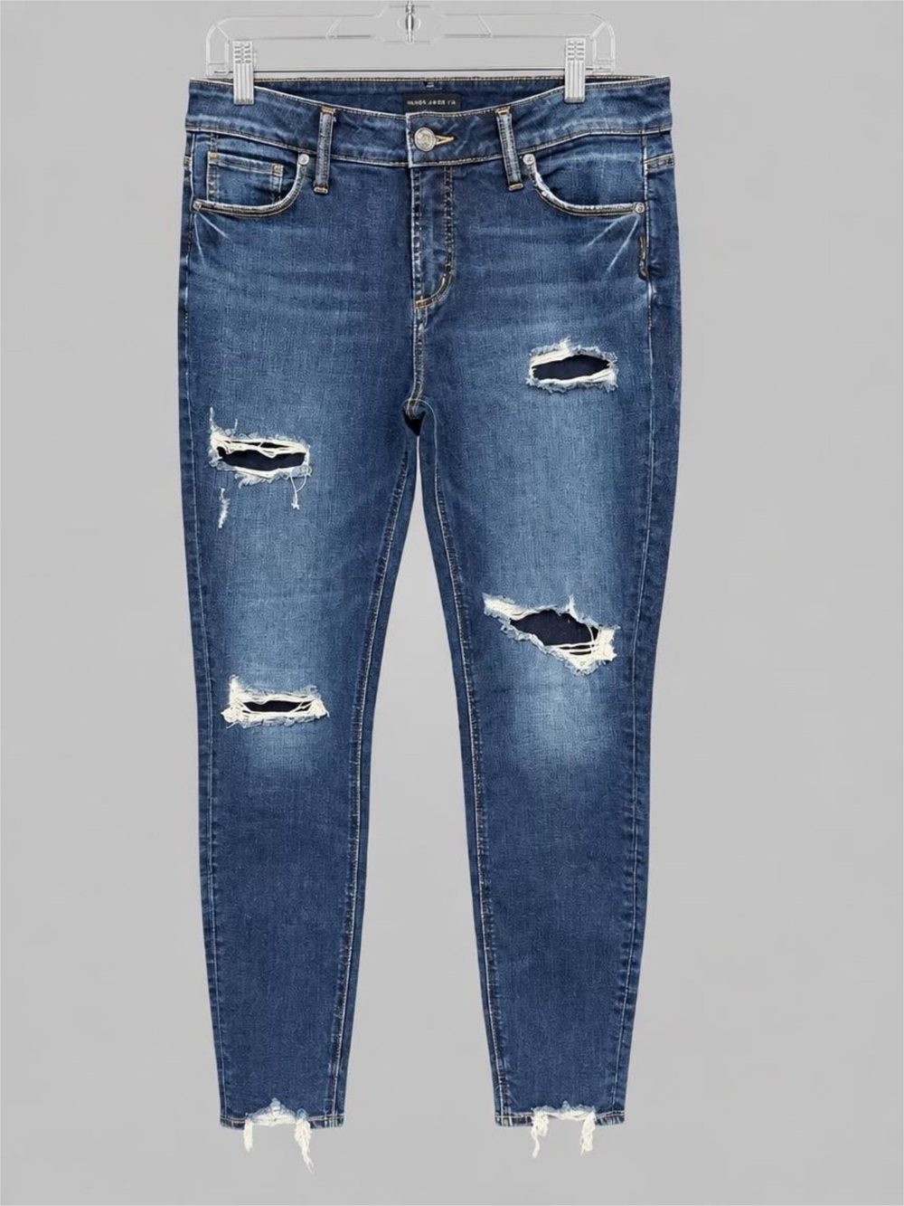 Silver Distressed Dark Blue High-Stretch Skinny Jeans
